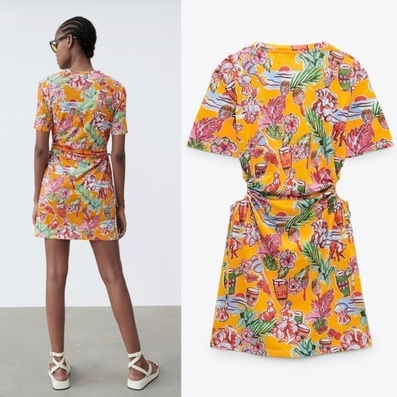 Zara Cut Out Tropical Floral Printed Summer Jersey T-Shirt Mini Dress NWT Small - Picture 7 of 13